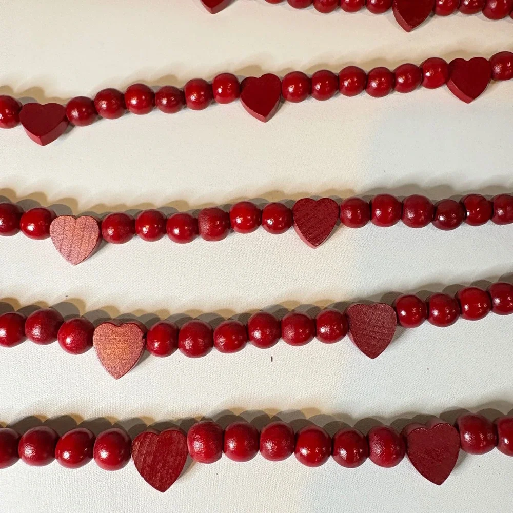 Red Wooden Bead Heart Garland 6ft Rustic Farmhouse Christmas Valentine Decor